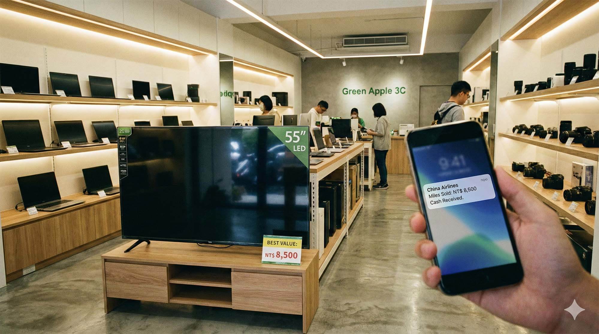 明亮現代的回收中心櫃台，一邊放置舊電視，一邊是手機顯示哩程換現金的畫面，背景有綠色循環標誌，象徵全方位資源回收 / Bright modern recycling center counter, old TV on one side, phone showing miles to cash on the other, background with green recycle symbol, symbolizing comprehensive resource recycling.